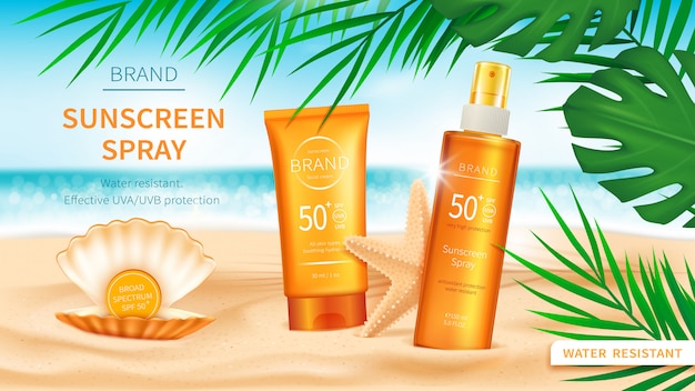 Sunscreen cosmetics on sea or ocean background | Free Vector