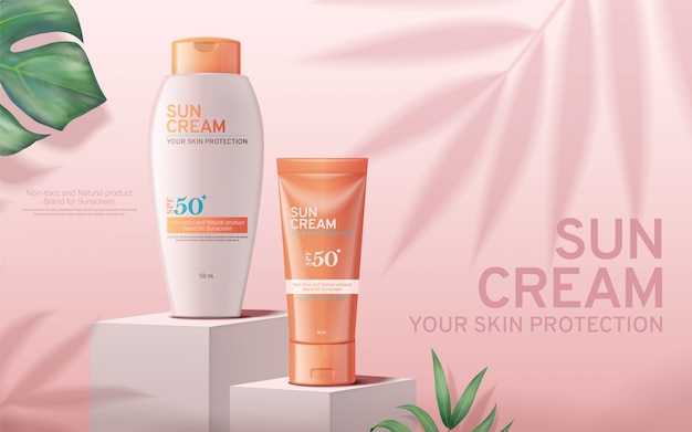 Sunscreen cream ads on square stage with tropical plants | Premium Vector