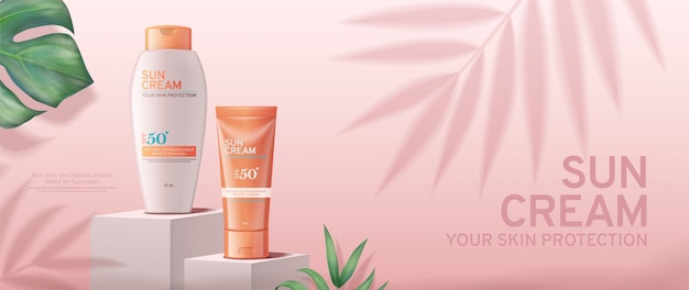 Sunscreen cream banner ads on square stage with tropical leaves ...