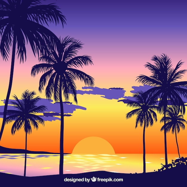 Free Vector | Sunset background on the beach with palm trees