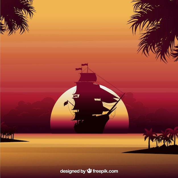 Sunset background with boat silhouette