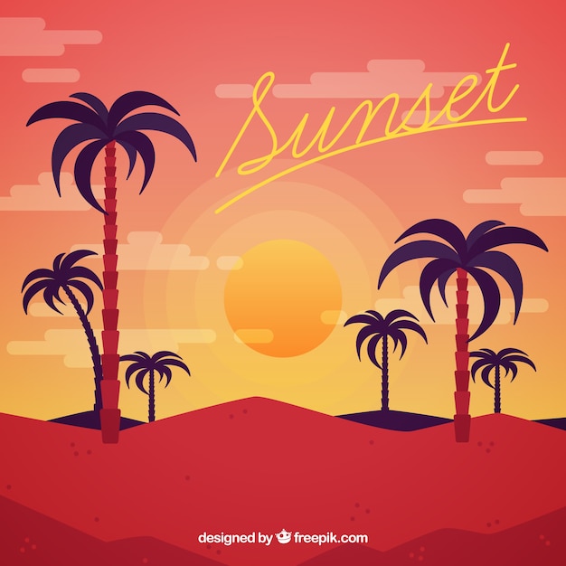 Sunset background with decorative palm\
trees