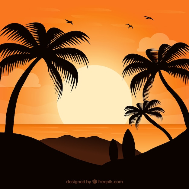 Sunset background with palm trees