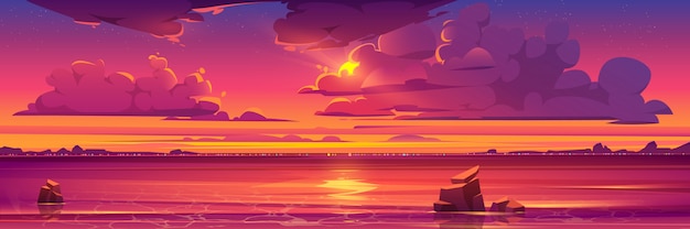 輝く太陽と空にピンクの雲 海の夕日 無料のベクター
