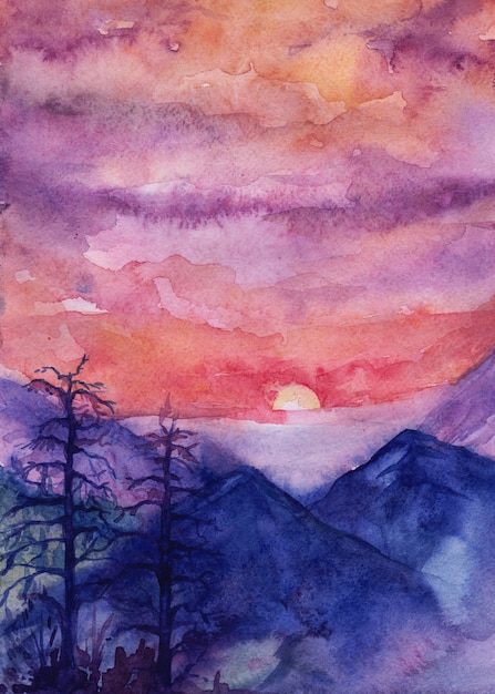 水彩イラスト 山の夕日 プレミアムベクター