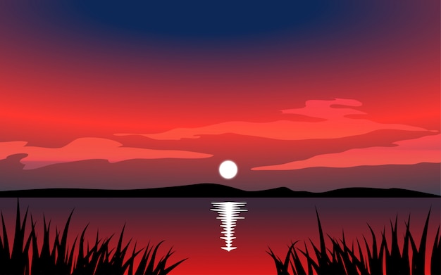 Download Sunset over lake with grass silhouette | Premium Vector