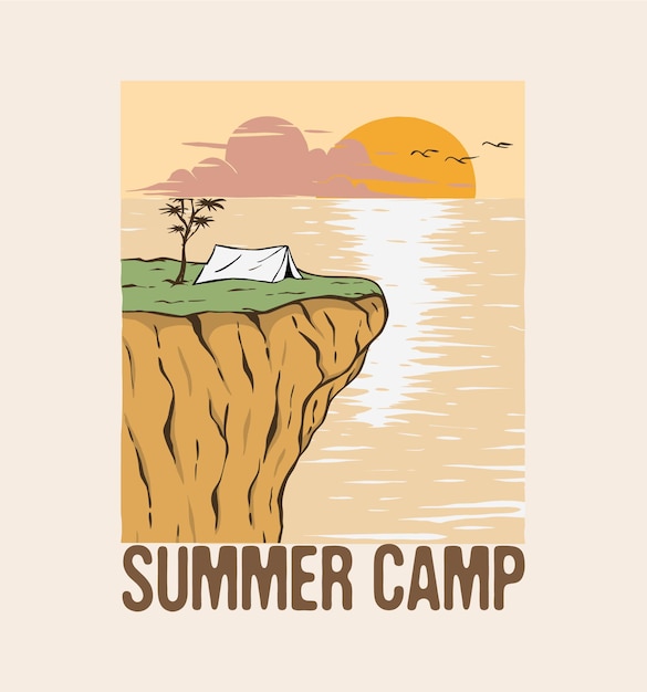 Premium Vector Sunset In The Mountain Cliffs Illustration With Camp