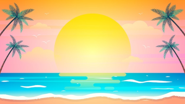 夏のビーチの背景イラストに沈む夕日 プレミアムベクター