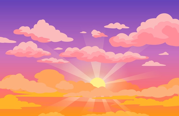 雲と夕日の空太陽光線の背景を持つ美しい紫から黄色の空のアニメ プレミアムベクター