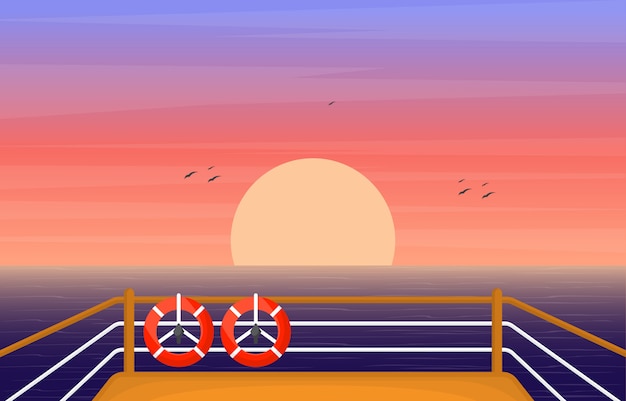 クルーズ船のデッキのイラストの日の出日の出海海の風景を見る プレミアムベクター