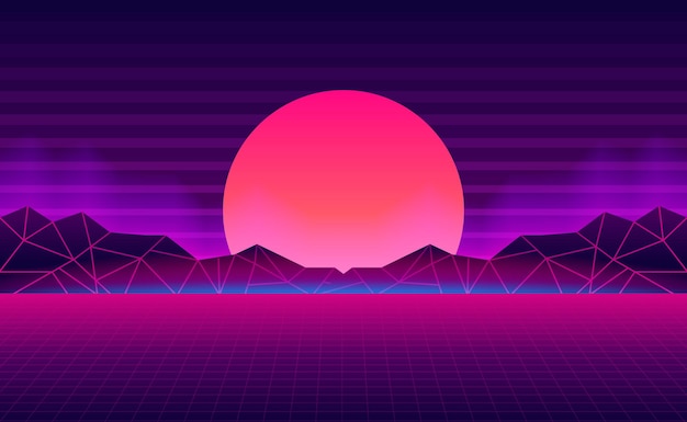 Premium Vector | Sunset with mountain landscape retro background with ...