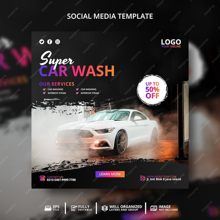  Super car wash banner social media post template Premium Vector