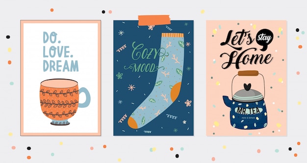 Premium Vector Super Cute Set Of Hygge Cards And Posters Cute Illustration Autumn And Winter Hygge Elements Motivational Typography Of Hygge Quotes Scandinavian Style