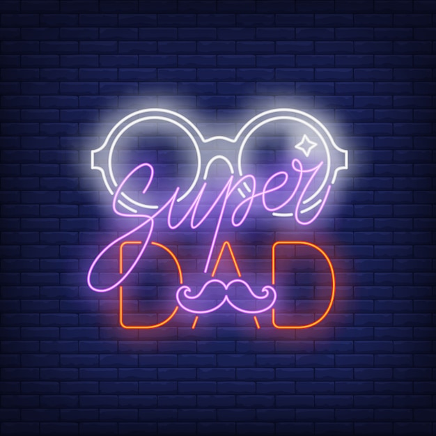 Download Super dad neon text with glasses and moustache | Free Vector