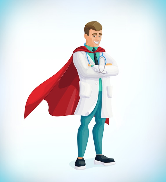 スーパードクターの漫画のキャラクター ヒーローのマントを持つスーパーヒーローの医者 ヘルスケアの概念 医療コンセプト 応急処置 医療従事者vs Covid19 プレミアムベクター