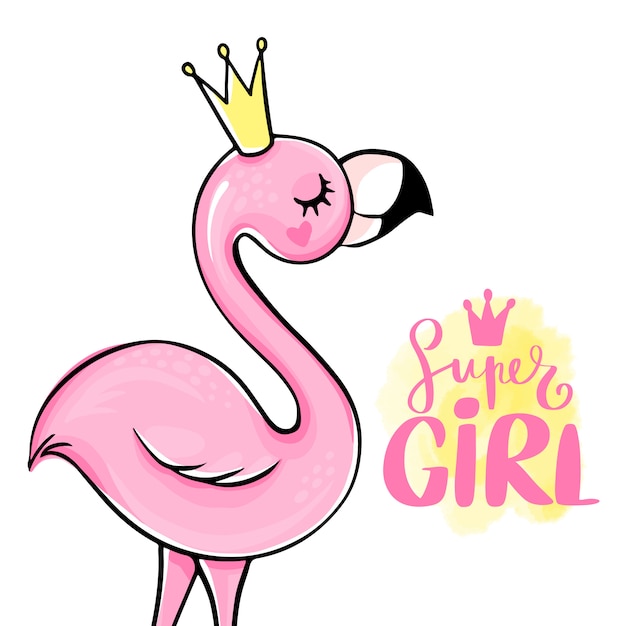 スーパーガールピンクの王女フラミンゴ トレンディなイラスト プレミアムベクター