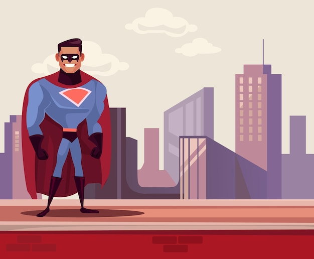 Premium Vector | Super man hero character standing on roof cartoon ...