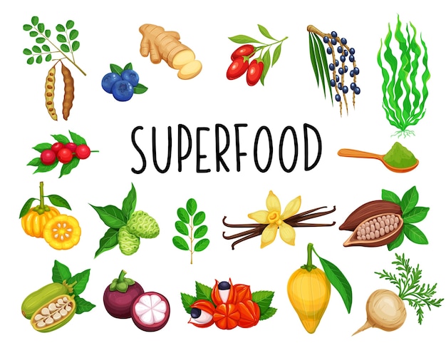 スーパーフードの果物と葉物野菜。 Premiumベクター