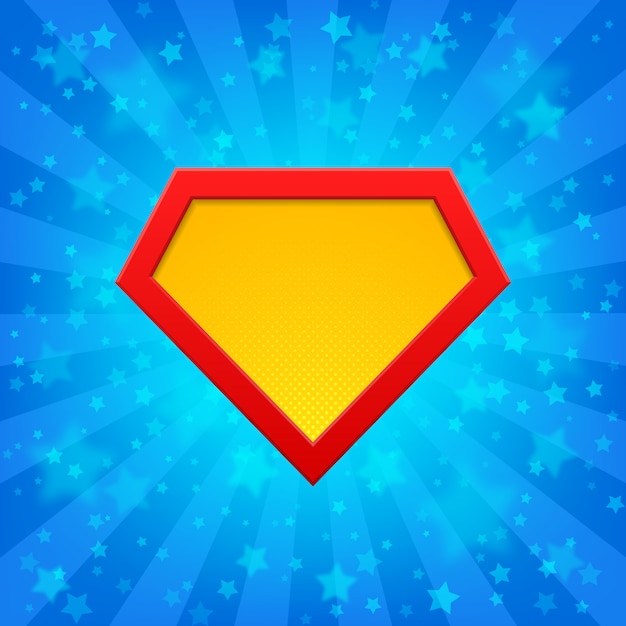 Superhero logo at bright blue rays background with stars ...