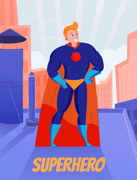 青いフルボディスーツとオレンジ色のケープの屋根の上に立っているスーパーヒーローのレトロな漫画のキャラクター 無料のベクター