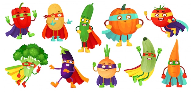 スーパーヒーロー野菜 スーパーキュウリ スーパーヒーローマント漫画イラストセットとカボチャと野菜の食べ物のヒーローマスク プレミアムベクター