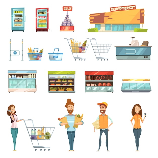Free Vector | Supermarket grocery shopping retro cartoon icons set with