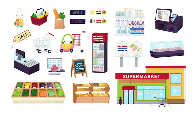 Supermarket, grocery store, food market shop icons set  on white  illustrations. showcases shelves o