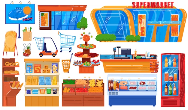 スーパーマーケットの食料品店のイラストセット 店先の建物 店の棚 冷凍庫の漫画ハイパーマーケットコレクション プレミアムベクター