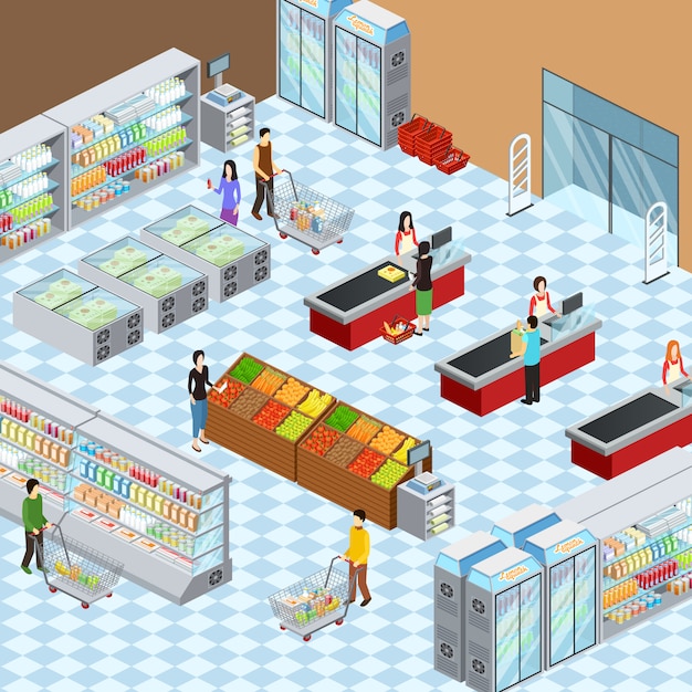 Download Supermarket grocery store interior design isometric composition Vector | Free Download