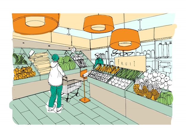スーパーマーケットのインテリアは手描きのカラフルなイラストです 食料品店 野菜部門 プレミアムベクター