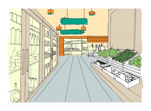 Premium Vector | Supermarket interior hand drawn colorful illustration