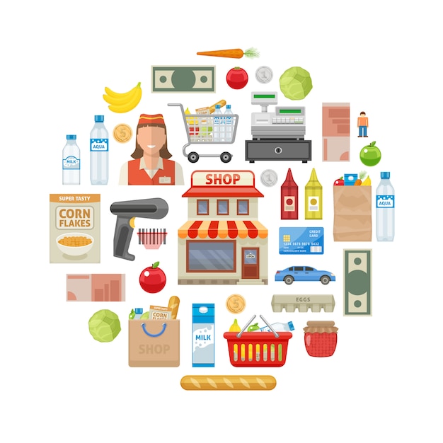 Premium Vector | Supermarket round composition with shop building and ...