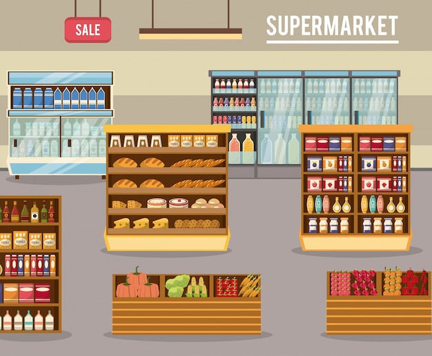 Premium Vector | Supermarket sale stands illustration