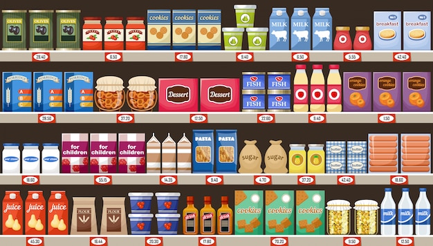 Premium Vector | Supermarket, Shelves With Products And Drinks