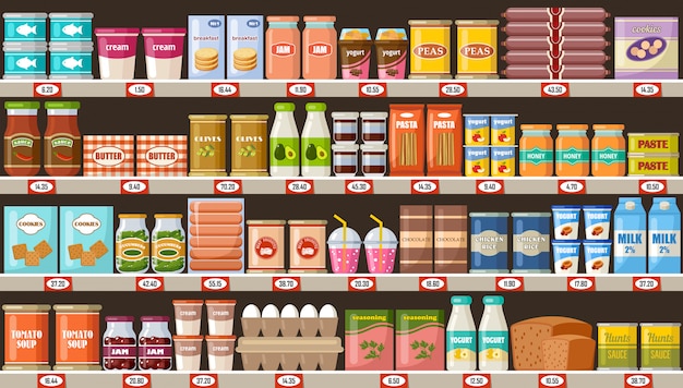 Supermarket, shelves with products and drinks | Premium Vector