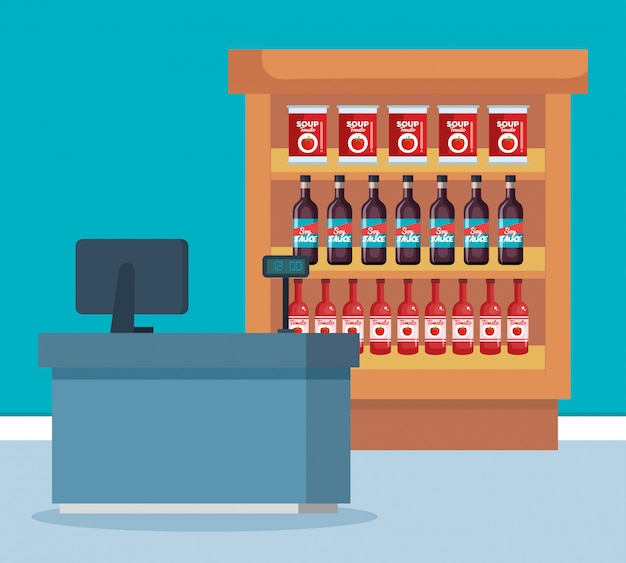 Supermarket shelving with products and sale point Free Vector