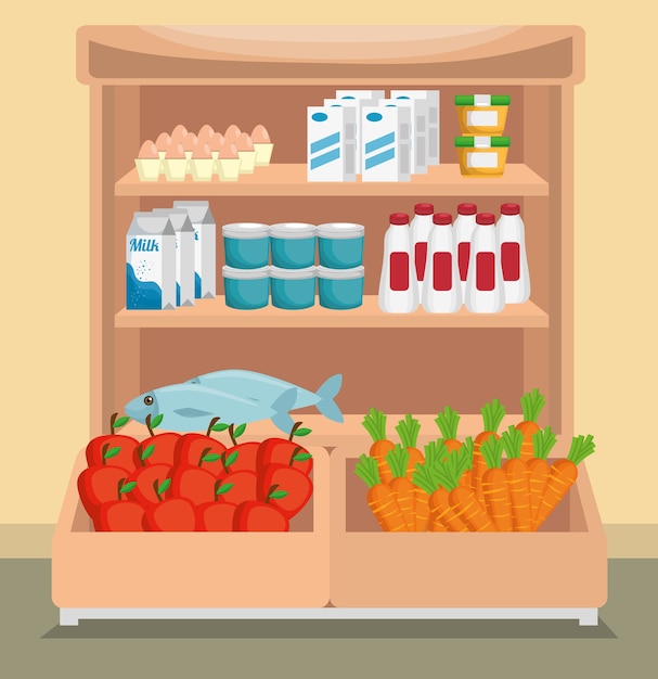 Premium Vector | Supermarket shelvings with products