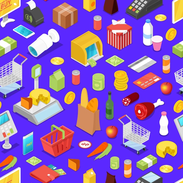 Premium Vector | Supermarket shopping isometric seamless pattern