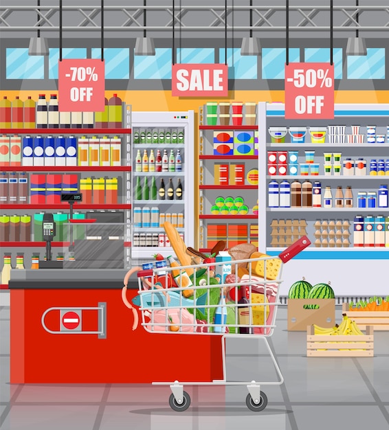 Premium Vector | Supermarket store interior with goods. big shopping ...