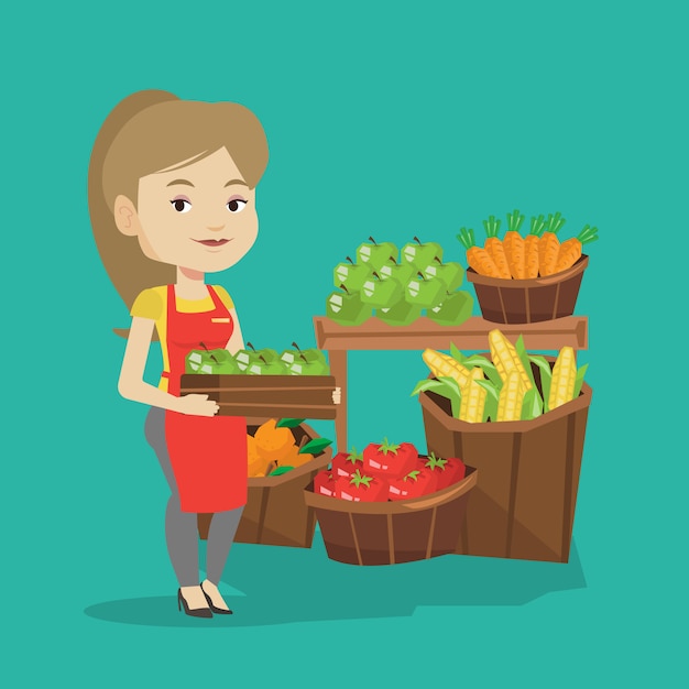 Supermarket worker with box full of apples. | Premium Vector