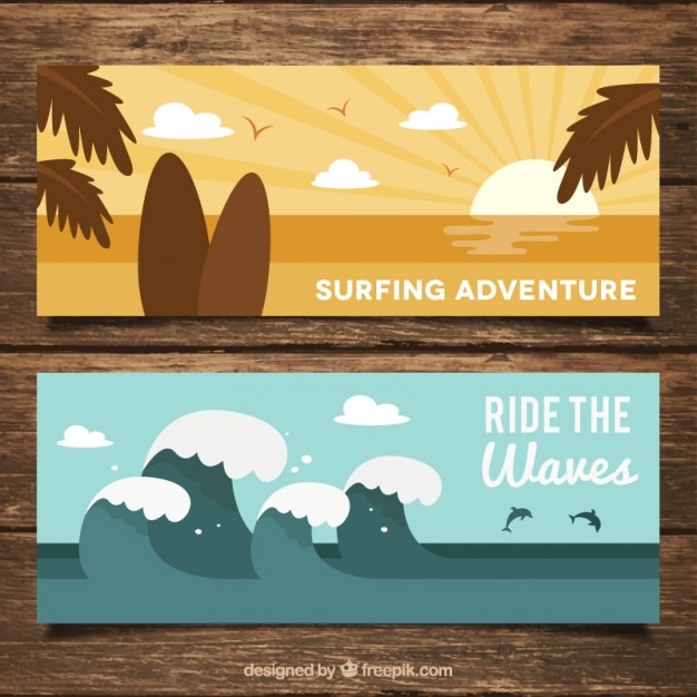 Surf banners with beach landscapes