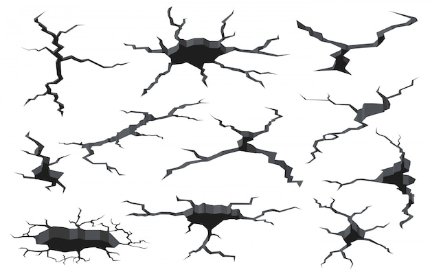 表面クラック 地震のひび割れ穴 地面のひび割れ 壁が爆破された 破壊されたひび割れテクスチャ 破壊穴イラストセット 地表地震 災害後の地割れ プレミアムベクター