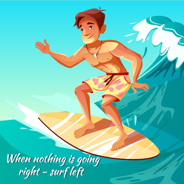 サーファーの少年若い男や男のサーフボードの海の波のポスターのイラスト 無料のベクター