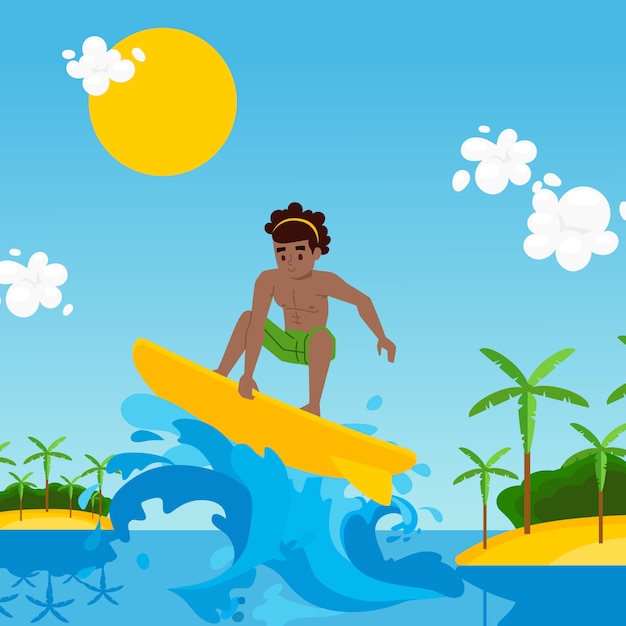 サーファーの漫画のキャラクターの乗馬波 イラスト サーフボード 熱帯の島の風景 夏の休暇活動の若い男 海でのサーフィン 極限スポーツ プレミアムベクター