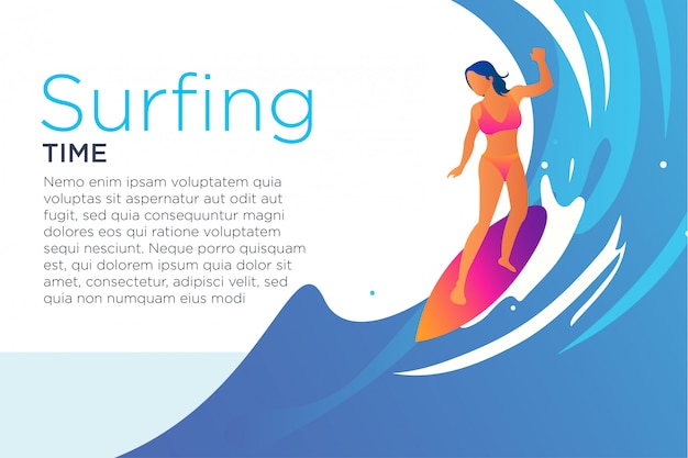 ビーチのイラストをサーフィンの女の子 プレミアムベクター