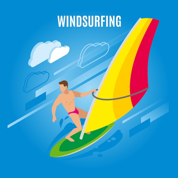 帆と雲の画像とサーフボード上の男性キャラクターの図とサーフィンの等尺性イラスト 無料のベクター