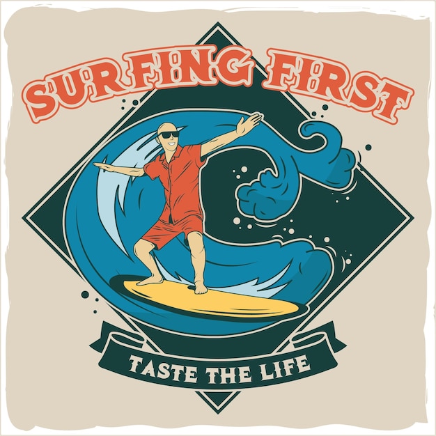 Premium Vector | Surfing man in the sea with a wave