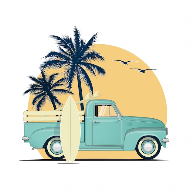 Download Surfing retro pick up truck with surf boards on sunset ...
