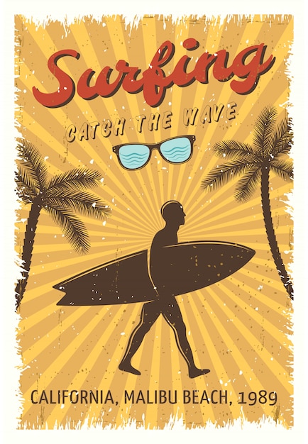 Free Vector Surfing Retro Poster
