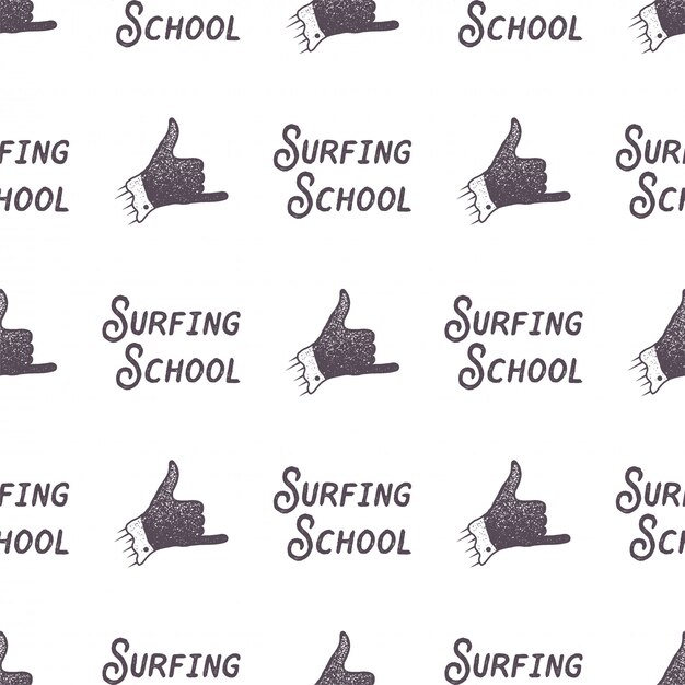 プレミアムベクター サーフィンスクールオールドスタイルパターンデザイン サーファーサイン Shakaと夏のシームレスな壁紙